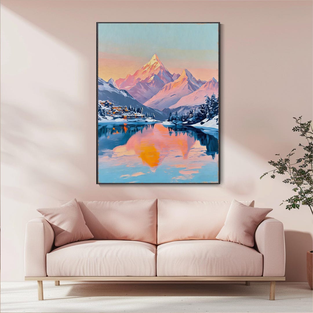 Sunset Mountain Scene Oil Painting on Canvas Lake Reflection Texture ...