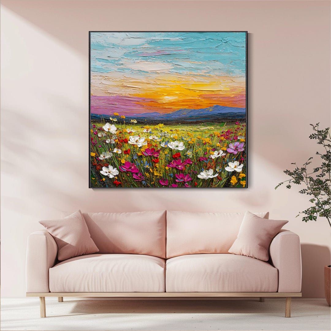 Sunset Wildflower Textured Wall Art Floral Field Painting on Canvas ...