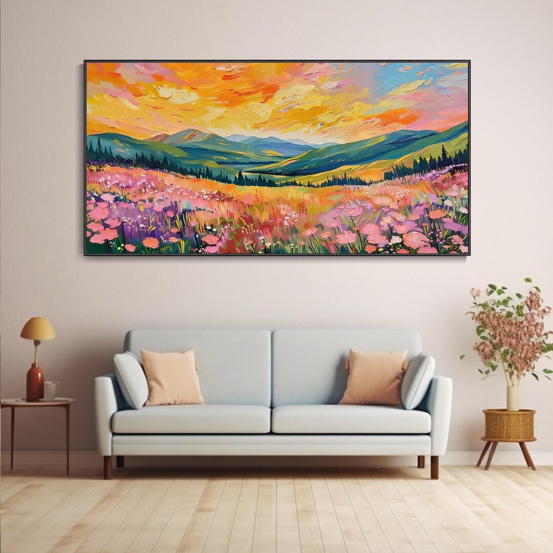 Rustic Sunset Landscape Oil Painting on Canvas Textured Rolling Hills ...