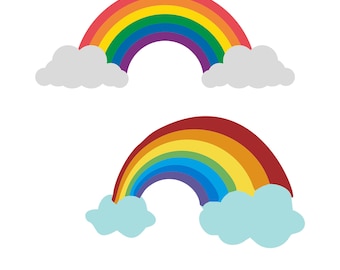 May include: Two colorful rainbow illustrations with white clouds. The top rainbow has a red arch, transitioning to orange, yellow, green, blue, and purple. The bottom rainbow has a red arch, transitioning to orange, yellow, green, blue, and purple. The bottom rainbow has light blue clouds.