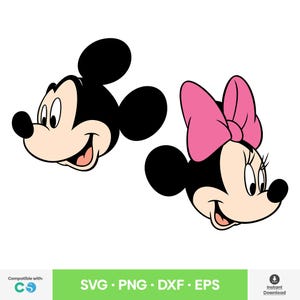 May include: A vector graphic featuring Mickey Mouse and Minnie Mouse. Mickey Mouse is on the left, with a black head and ears, a tan face, and a smiling expression. Minnie Mouse is on the right, with a pink bow.