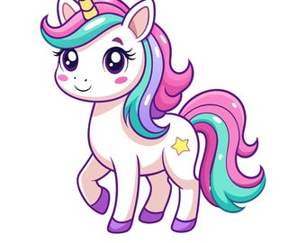 May include: A cartoon illustration of a white unicorn with a pink, purple, and blue mane and tail. The unicorn has a gold horn and a yellow star on its rump.