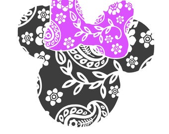 Minnie Mouse Floral SVG | Paisley Minnie Head PNG with Pink Bow | Cute Mouse Silhouette DXF eps for Cricut | Instant Digital Download