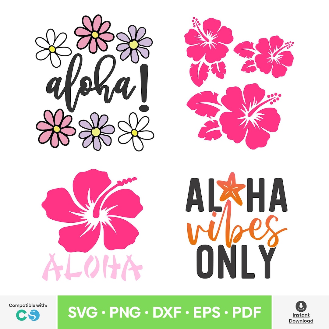 4 Pcs. Aloha and Pink Hibiscus Flower SVG Hibiscus PNG Hawaii Aloha DXF ...