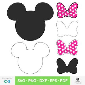 6 pcs. Mickey Mouse Ears SVG & Minnie Bow Silhouette Clipart Sticker PNG Instant Download for Cricut DXF eps pdf
