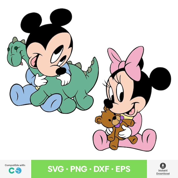 2 Pcs. Baby Mickey and Baby Minnie Couple SVG Dinosaur & Bear PNG