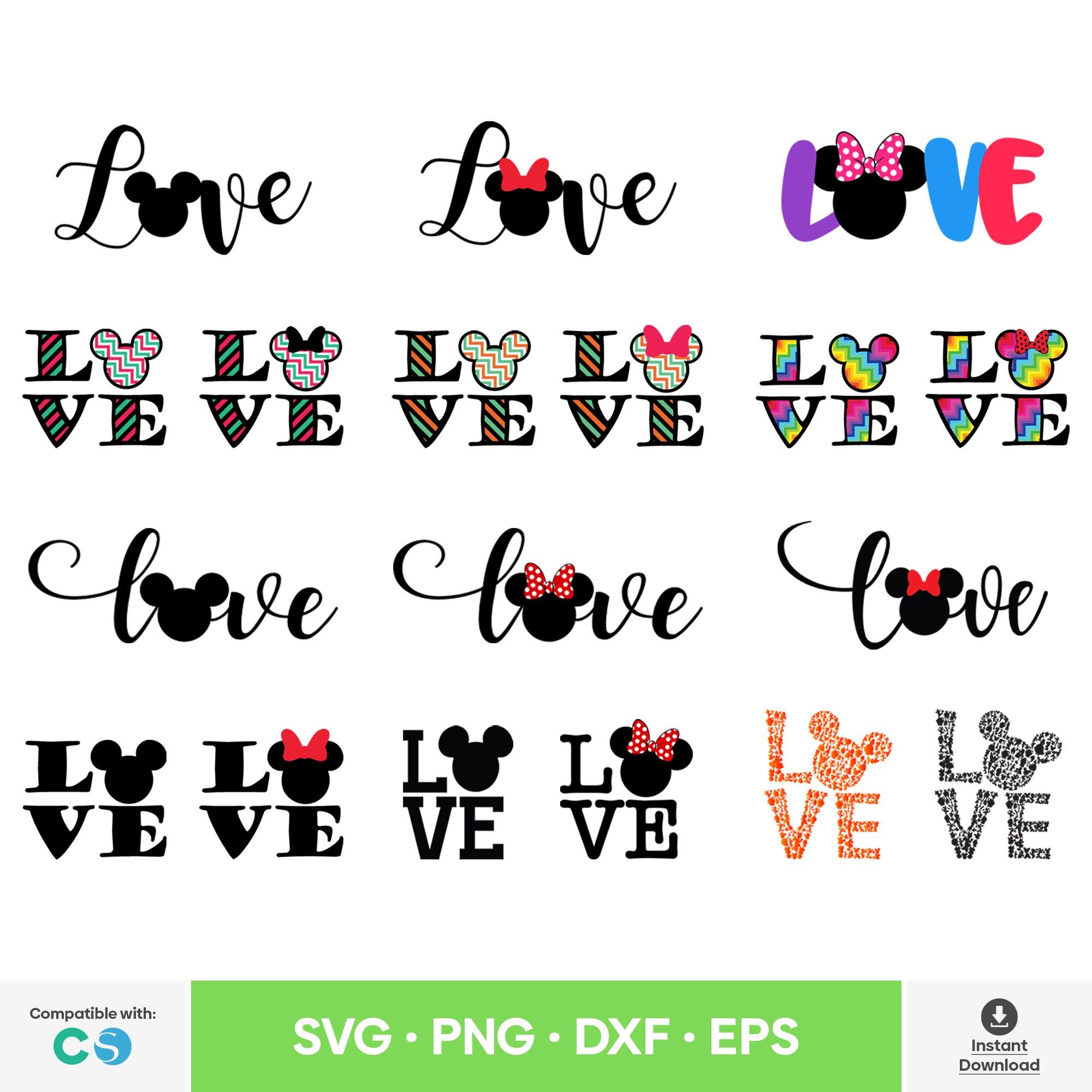 18 pcs. Mickey and Minnie Love Text SVG Mickey Love Alphabet PNG Minnie Heart Ears Love DXF eps for Cricut Cut File Instant Digital Download