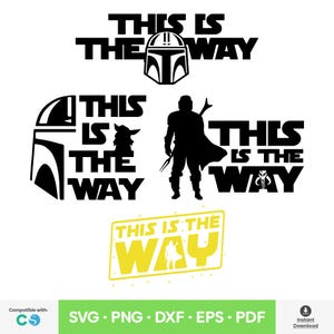 以下が含まれることがあります： 「This is the way」のテキストと、マンダロリアンのヘルメットとキャラクターのシルエットを組み合わせた4つの異なるデザイン。テキストは黒と黄色の組み合わせです。
