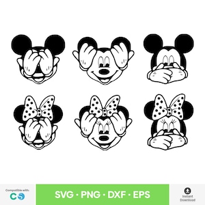 Könnte beinhalten: Schwarz-Weiß-Illustrationen von Mickey und Minnie Mouse, die sich die Augen, den Mund und die Ohren zuhalten. Der Text "SVG • PNG • DXF • EPS" ist enthalten.