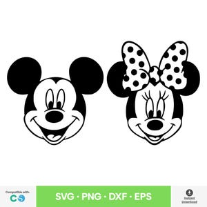 2 pcs. Mickey & Minnie Face Black and White SVG Classic Disney Head Couple PNG Disneyland Outline DXF eps for Cricut Instant Digtal Download