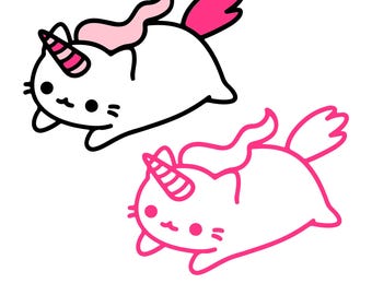 May include: Two cartoon illustrations of a cat-unicorn hybrid. One is white with black outlines and pink accents, the other is pink with pink outlines. The image includes the text "SVG • PNG • DXF • EPS • PDF".