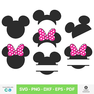 Puede incluir: Conjunto de seis siluetas de cabeza de Mickey Mouse en blanco y negro con lazos de lunares rosas. Algunas de las siluetas tienen un espacio en blanco para agregar texto.