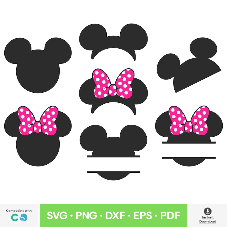 May include: Set of six black and white Mickey Mouse head silhouettes with pink polka dot bows. Some of the silhouettes have a blank space for adding text.