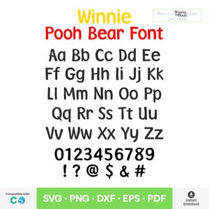 Winnie Alphabet Pooh Bear Font SVG Cartoon PNG Birthday Party iron on transfer Clipart instant Download Silhouette Cricut Cut File DXF