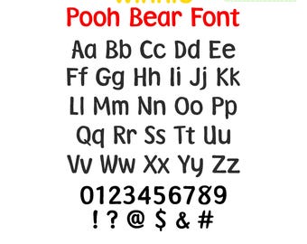 Winnie Alphabet Pooh Bear Font SVG Cartoon PNG Birthday Party iron on transfer Clipart instant Download Silhouette Cricut Cut File DXF