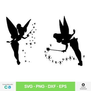 May include: Black silhouette images of two fairies with wings, wands, and starbursts. The fairies are in different poses, one standing and the other kneeling. The bottom of the image has the text "SVG • PNG • DXF • EPS".