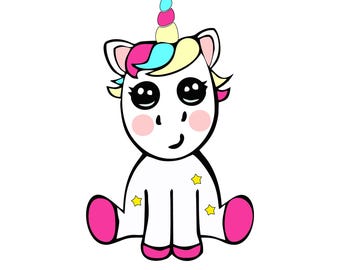 Peut inclure: Illustration d'une licorne de dessin animé avec un corps blanc, des sabots roses et une corne colorée. La licorne a de grands yeux noirs, des joues roses et des étoiles jaunes sur son corps. L'image comprend le texte "SVG • PNG • DXF • EPS • PDF".