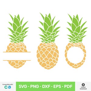 Puede incluir: Tres ilustraciones de piñas en amarillo y verde. Una piña tiene una pancarta horizontal en la base, otra es una piña sólida y la tercera tiene una abertura circular en la base. La imagen incluye texto: SVG, PNG, DXF, EPS, PDF.