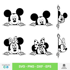 May include: Black and white cartoon illustrations of Mickey and Minnie Mouse peeking over a surface. Mickey Mouse has large round ears and a smiling face. Minnie Mouse has a bow on her head. The image includes the text "SVG • PNG • DXF • EPS".