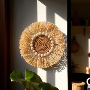 Tapiz de pared de paja rústica hecho a mano: decoración bohemia tejida para el hogar