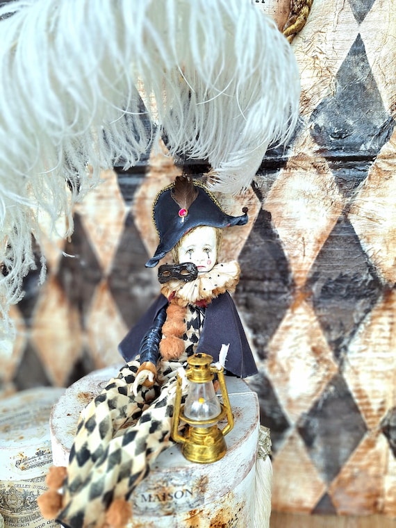 Collectible Pierrot Doll, Vintage Style, Artistic Clown, Linen