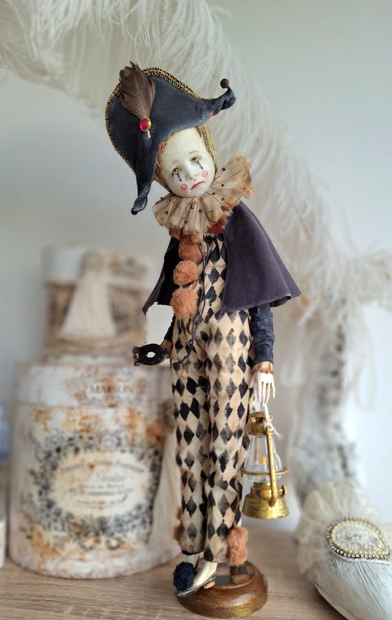 Collectible Pierrot Doll, Vintage Style, Artistic Clown, Linen