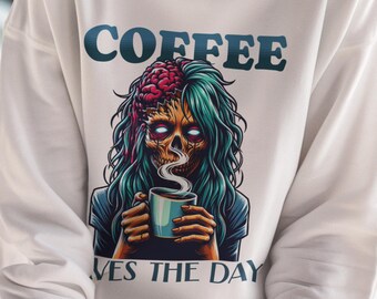 Kaffee spart den Tag Rundhals-Sweatshirt - Zombie-Kaffee-Addict-Shirt - Halloween-beängstigendes lustiges ironisches Geschenk - Herbst-Fall-Winterkleidung