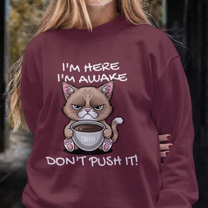 Funny Coffee Cat Sweatshirt, Coffee Lover Gift, Cute Crewneck for Cat Lovers, Teacher Shirt, Grumpy Cat, Women&#39;s Sweatshirt, Morning Coffee