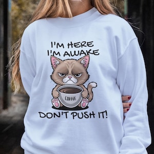 Funny Coffee Cat Sweatshirt, Coffee Lover Gift, Cute Crewneck for Cat Lovers, Teacher Shirt, Grumpy Cat, Women&#39;s Sweatshirt, Morning Coffee