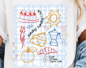 T-shirt vichy Sunday Funday Club, t-shirt mignon pour brunch, chemise croissant au café, chemise ambiance week-end amusante, cadeau pour gourmets, chemise brunch avec rendez-vous