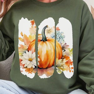 Pumpkin & Fall Floral Brush Strokes Crewneck Sweatshirt, Cozy Autumn Pumpkin Season Sweater, Thanksgiving Shirt, Fall Outfit Gift for Her