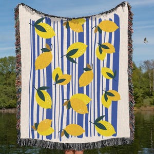 Lemons and Stripes Woven Blanket, Cotton Couch Throw, Summer Fruit Blanket, Italy Lemons Home Decor, Housewarming Gift, Coastal Beach Picnic