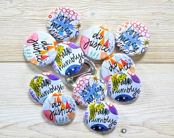 do justice, love mercy, walk humbly - buttons with pin back - set of 25 - micah 6:8, resist pin, activism pins, ministry ideas