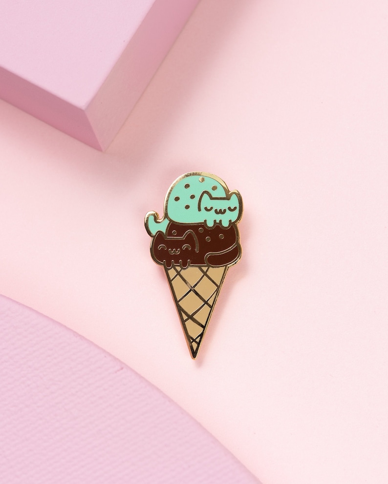 Mint Chocolate Ice Cream Cone Cat Enamel Pin - Super Cute Cat La Mint Chocolate Ice Cream Cone Cat Enamel Pin - Super Cute Cat La