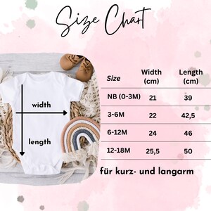 May include: Size chart for baby clothes with measurements in centimeters. The chart shows the width and length of baby clothes in sizes NB (0-3M), 3-6M, 6-12M, and 12-18M.