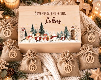 Personalized Advent Calendar for Kids | Fill Your Own Advent Calendar | Wooden Box with Name | 24 Bags Christmas