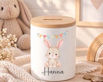 Spardose Kinder personalisiert mit Name & Hase | Kinder Spardose | Geschenk zur Geburt | Taufgeschenk | Schulanfang