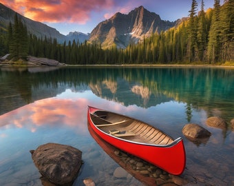 Printable photograph of a canoe on the edge of a mountain lake