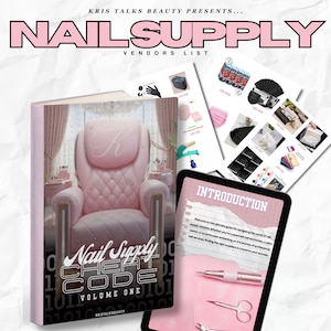 Op de afbeelding: Promotieafbeelding voor leveranciers van nagelbenodigdheden. De afbeelding toont een boek getiteld "Nail Supply Cheat Code Volume One" en een tablet met het woord "INTRODUCTION". Verschillende nagelproducten worden getoond.