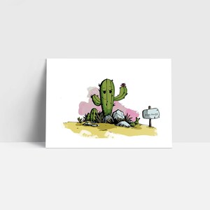 Puede incluir: Un cactus de dibujos animados con una flor rosa y un cartel que dice "Free Hugs" en un paisaje desértico con un fondo de acuarela rosa y amarillo.