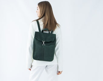 Green Leather Backpack for Women, Laptop Bag, City Rucksack, Minimalist Travel Backpack, Work Purse, Trendy Leather Bag