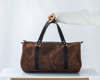 Leather Brown Duffle Bag, Handmade Travel Luggage, Customizable Weekend Bag, Personalized Leather Carry-On, Monogram duffle bag