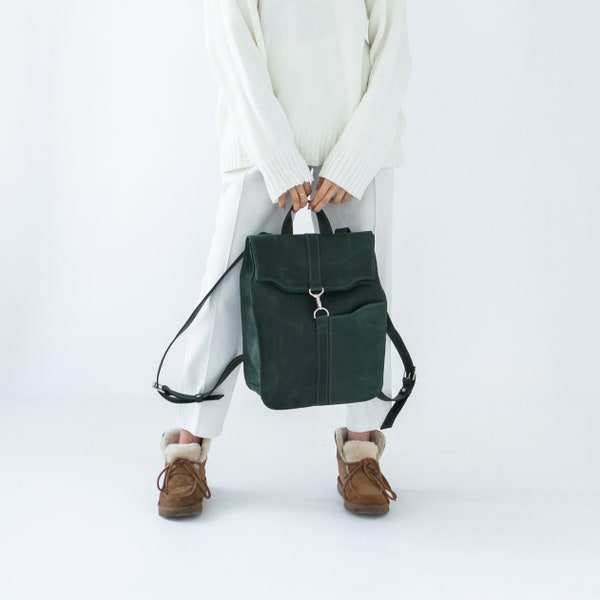 Green Leather Backpack for Women, Leather Laptop Backpack, City Backpack, Minimalist Backpack, Women's Rucksack, Work Backpack, Travel Bag