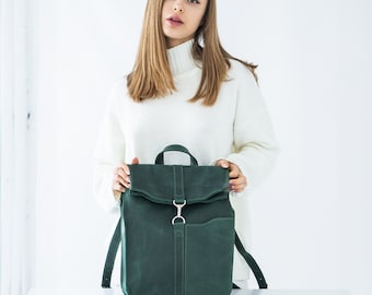 Stylish Green Leather Laptop Backpack for Women, City Backpack, Minimalist Rucksack, Work Bag, Leather Backpack Purse, Trendy School Bag