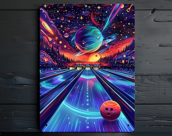 Poster en métal pour le bowling galactique de Zazzle.be Liste d'envies Vous avez des idées ? Impression d'art espace néon | Décoration murale cosmique