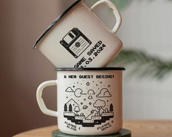 Video Game Personalised Enamel Camping Mugs, Couples Gift for Wedding, Engagement - A New Quest Begins, Adventure Awaits