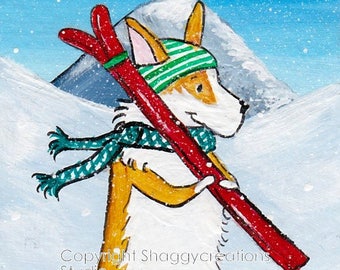 Skiing Pembroke Welsh Corgi Art Card Painting, Dog ACEO , Winter Wall Decor, Christmas Skis Desk Accent, Gift Corgi Lovers, Snowy Mountains