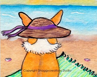 Beach Sunset Corgi Art Card Original Painting, Animal Art ACEO, Pembroke Welsh Corgi Watercolor Wall Decor, Ocean Themed Gifts