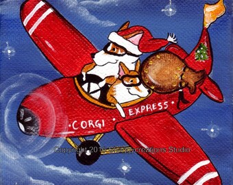 PEMBROKE WELSH CORGI  Art Print  4" X 4"  Christmas Corgi Art  "Corgi Express" By Valerie Brock Holiday Corgi Art Santa Delivery Airplane