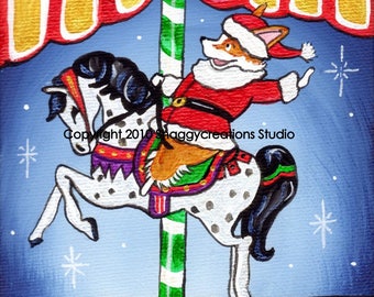 PEMBROKE WELSH CORGI  Art Print  4" X 4"  Christmas Corgi Art  "Christmas Carousel" Holiday Corgi Art Santa Horse Merry Go Round